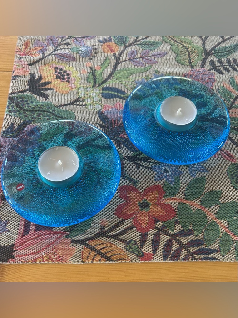 Iittala Teal-Blue Textured Glass Votive Dish set of 2